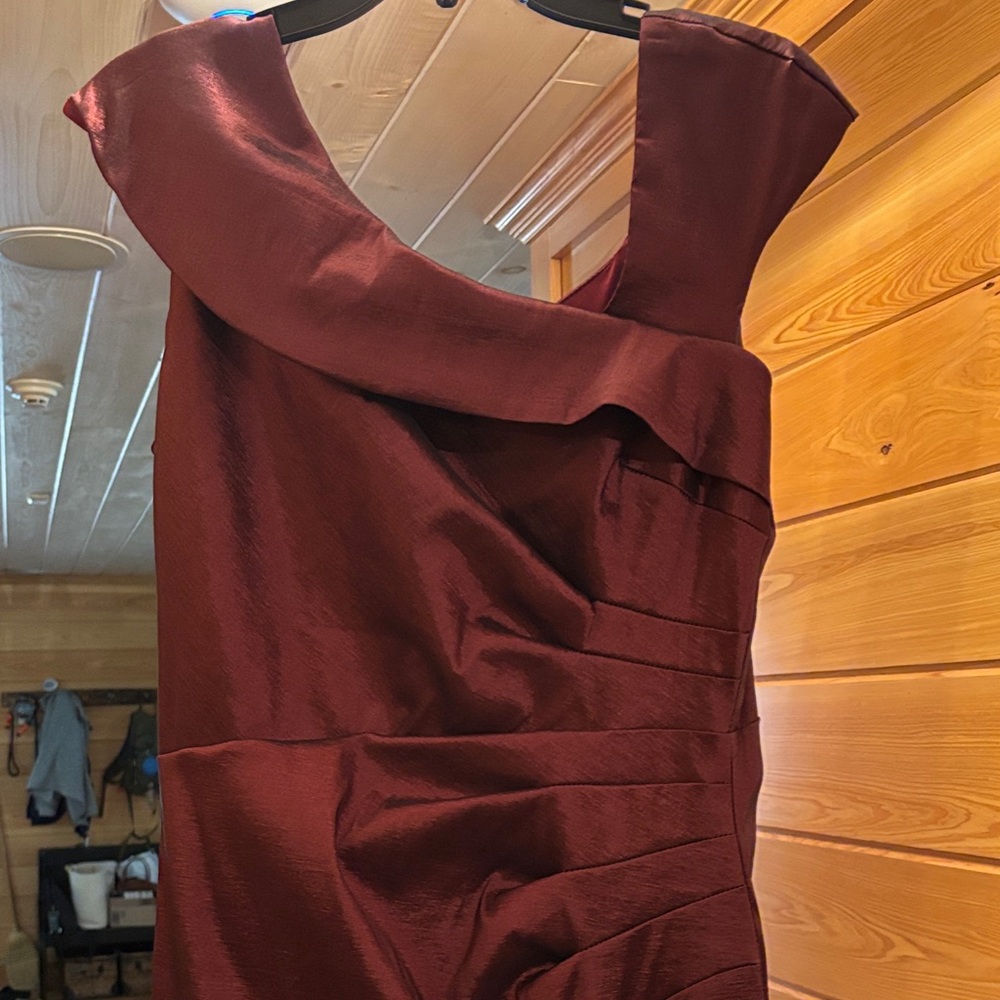 Xscape One-Shoulder Wine Satin Cocktail Dress
